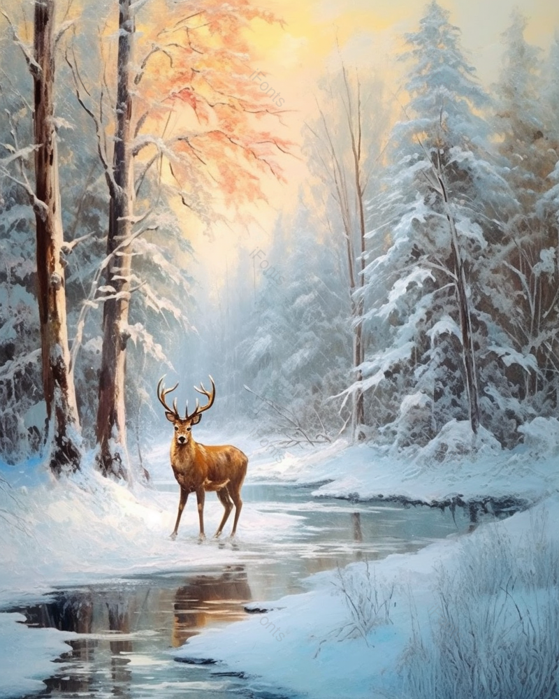 油画冬日森林中河边饮水的小鹿,插画/手绘图,插画/手绘图库,插画/手绘图下载,插画/手绘